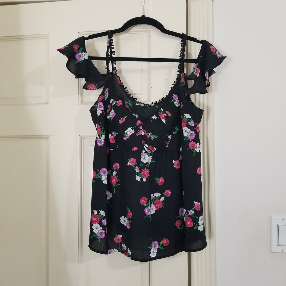 Floral Black Top with Pink and Purple Accents cold shoulder women's size M (328)